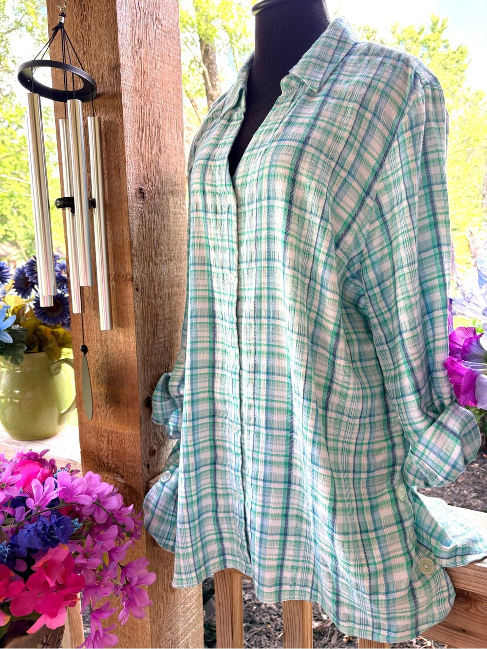 Joan Rivers Aqua Plaid Soft Puckered Roll Tab Sleeve Option Button Front Shirt - Picture 5 of 10